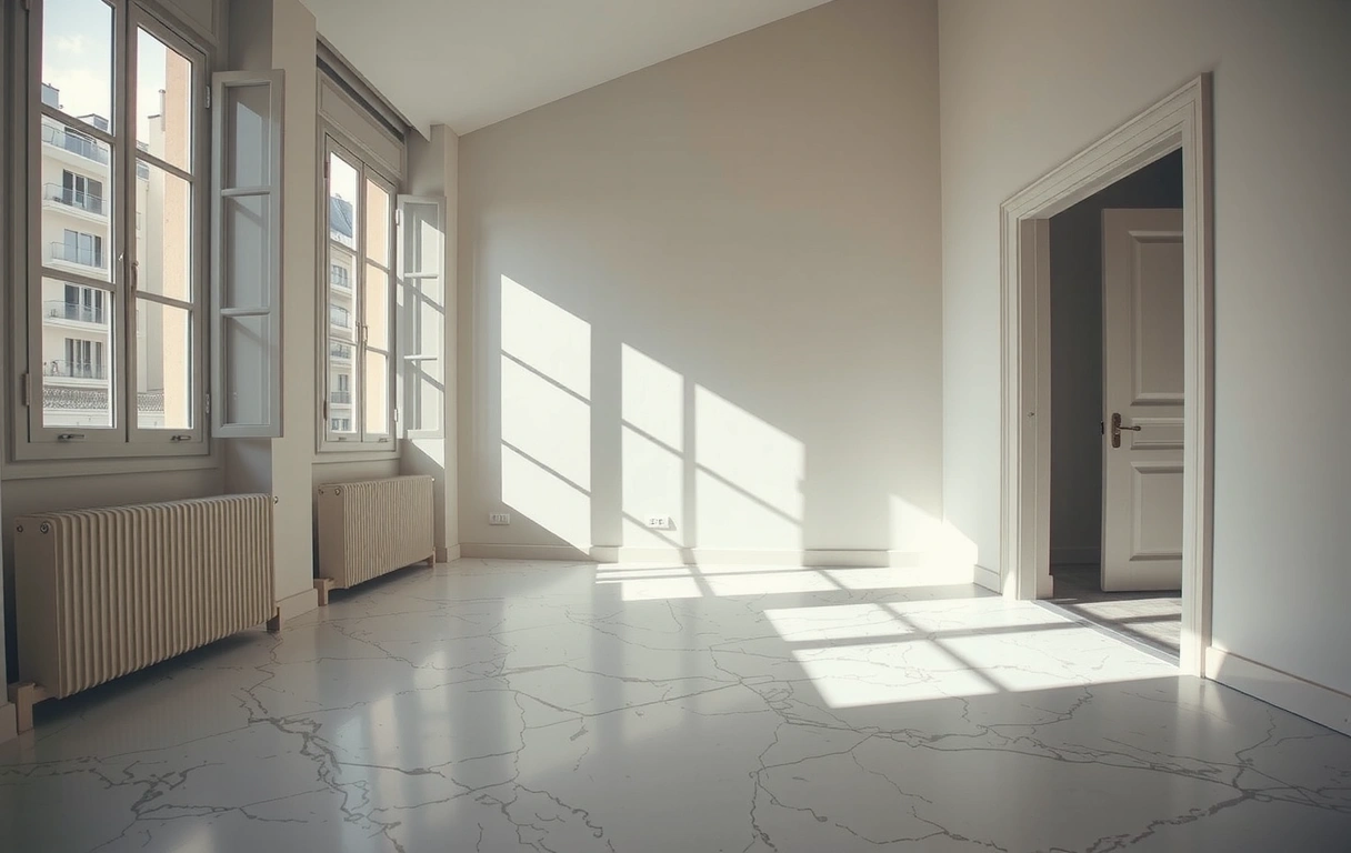 Salle de séjour parisienne illuminée par la lumière du matin sur un sol en marbre poli